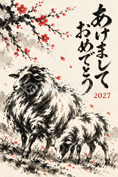 梅の下の羊の親子の墨絵年賀状｜2027未年のかっこいい無料イラスト素材 115206