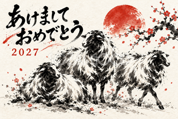 新春に集う羊たちの墨絵年賀状｜2027未年のかっこいい無料イラスト素材 115207