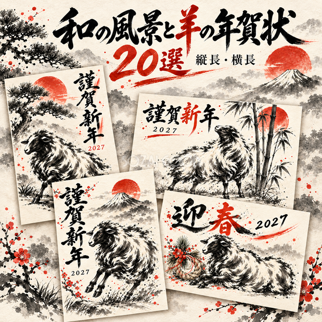 和の風景と羊の年賀状20選