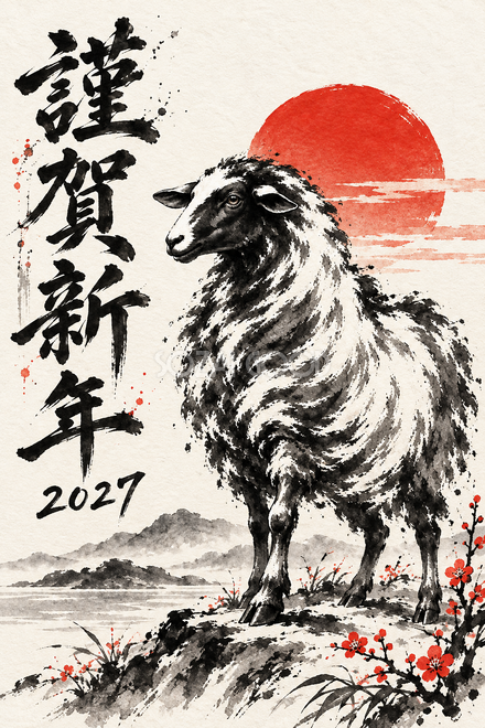 赤い日の出と羊の年賀状
