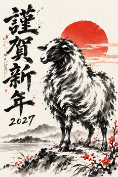 赤い日の出と羊の墨絵年賀状｜2027未年のかっこいい無料イラスト素材 115209