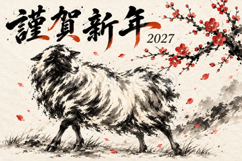 梅と振り向く羊の墨絵年賀状｜2027未年のかっこいい無料イラスト素材 115210