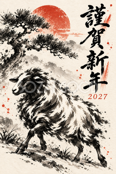 松と歩く羊の墨絵年賀状｜2027未年のかっこいい無料イラスト素材 115211