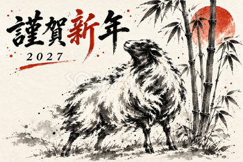 竹と見上げる羊の墨絵年賀状｜2027未年のかっこいい無料イラスト素材 115212