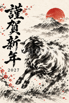 富士山と駆ける羊の墨絵年賀状｜2027未年のかっこいい無料イラスト素材 115213