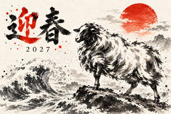 波と立つ羊の墨絵年賀状｜2027未年のかっこいい無料イラスト素材 115216