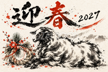 しめ縄と子羊の墨絵年賀状｜2027未年のかっこいい無料イラスト素材 115218