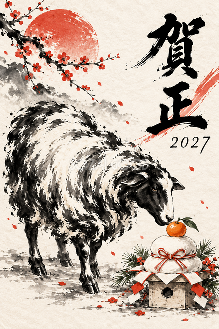 鏡餅と羊の年賀状 鏡餅と羊の年賀状