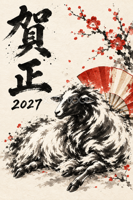 扇と伏せる羊の年賀状