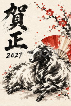 扇と伏せる羊の墨絵年賀状｜2027未年のかっこいい無料イラスト素材 115221