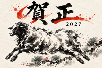 松葉と横向きの羊の墨絵年賀状｜2027未年のかっこいい無料イラスト素材 115222