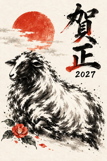 椿と座る羊の年賀状
