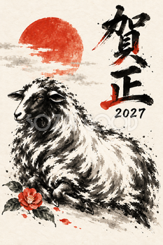 椿と座る羊の墨絵年賀状｜2027未年のかっこいい無料イラスト素材 115223
