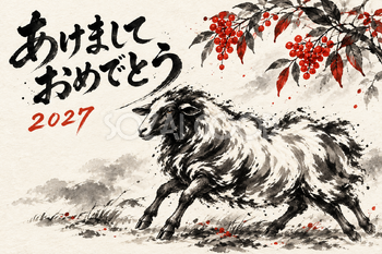 南天と歩く羊の墨絵年賀状｜2027未年のかっこいい無料イラスト素材 115224