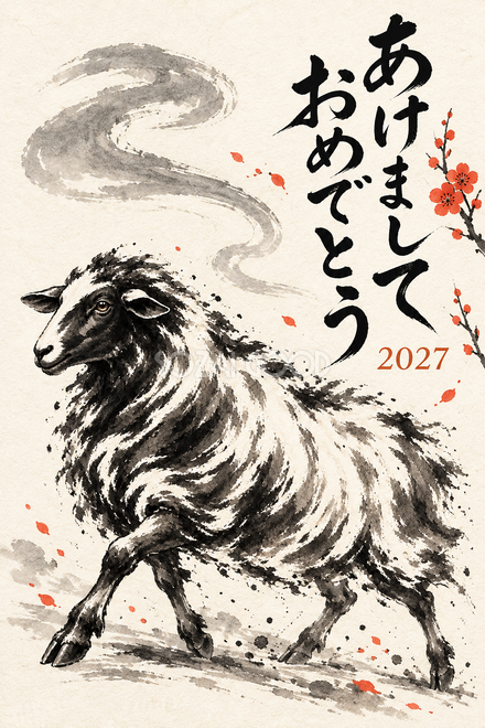流れる雲と羊の年賀状