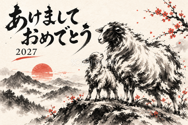 山並みと羊の親子の年賀状
