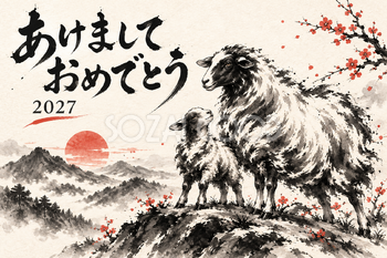 山並みと羊の親子の墨絵年賀状｜2027未年のかっこいい無料イラスト素材 115228