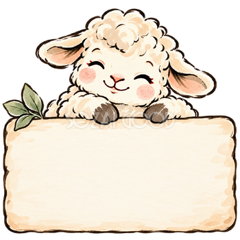 葉飾りの札と羊・墨と淡彩｜文字入れできるかわいい無料イラスト素材 115269