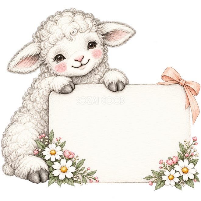 リボン付きカードとおすわり羊(鉛筆画) リボン付きカードとおすわり羊(鉛筆画)