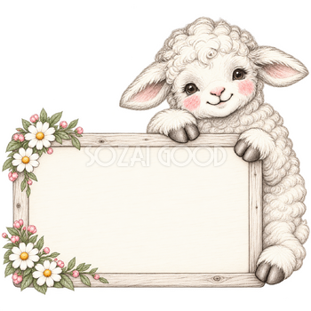 小さな案内ボードと羊・鉛筆画｜文字入れできるかわいい無料イラスト素材 115325