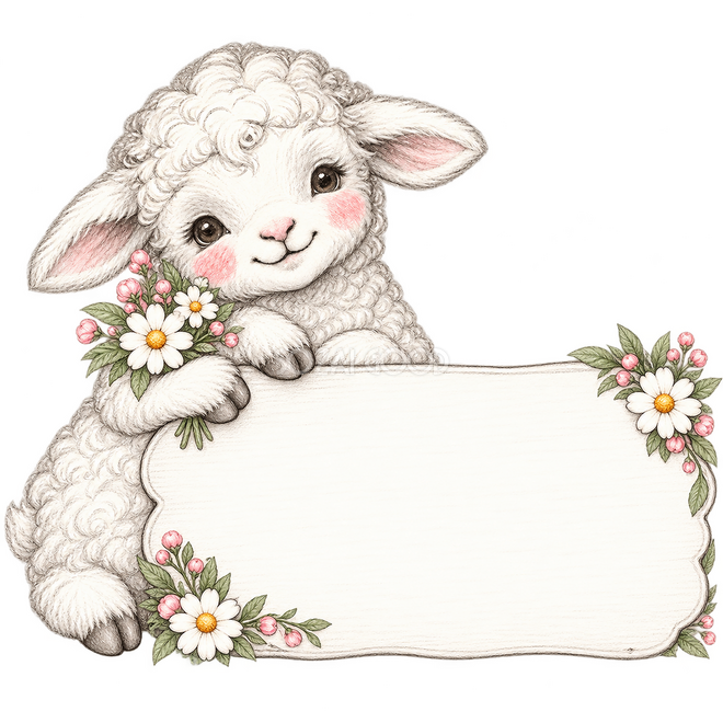 花束とメッセージカードの羊（鉛筆画）