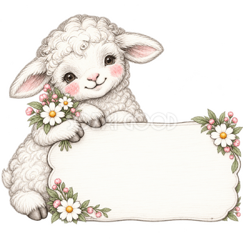 花束とメッセージカードの羊・鉛筆画｜文字入れできるかわいい無料イラスト素材 115328