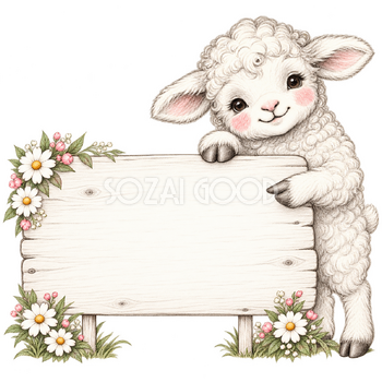 立て札を案内する羊・鉛筆画｜文字入れできるかわいい無料イラスト素材 115329