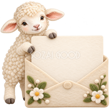 封筒からカードを届ける羊・羊毛フェルト｜文字入れできるかわいい無料イラスト素材 115360
