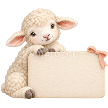 リボン付きカードとおすわり羊・羊毛フェルト｜文字入れできるかわいい無料イラスト素材 115362