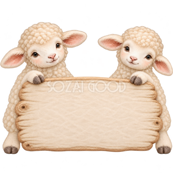 二匹の羊が持つ看板・羊毛フェルト｜文字入れできるかわいい無料イラスト素材 115373