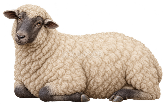 頭を少し傾けて座る羊 頭を少し傾けて座る羊