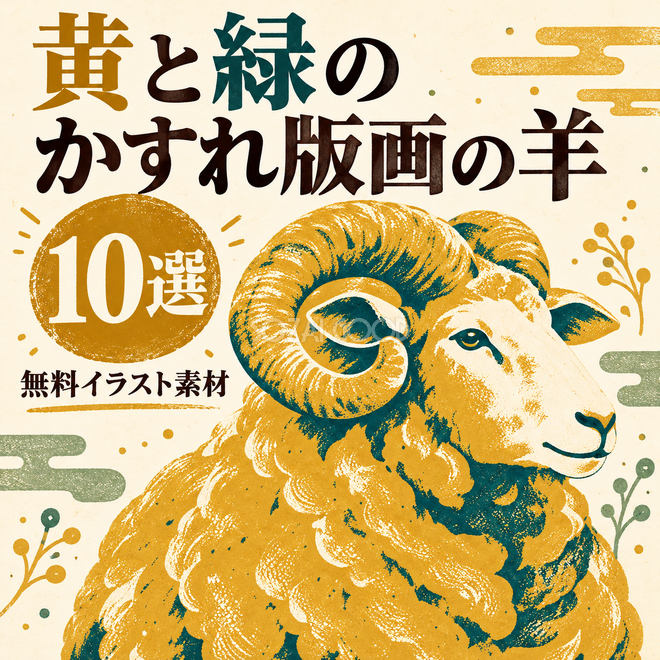 黄と緑のかすれ版画の羊10選 黄と緑のかすれ版画の羊10選