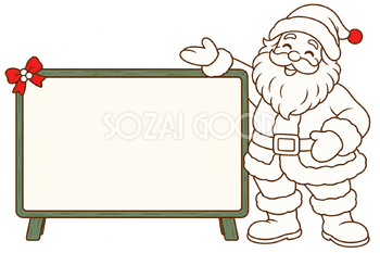 黒板を案内するサンタ・線画｜文字入れできる無料イラスト素材 116204