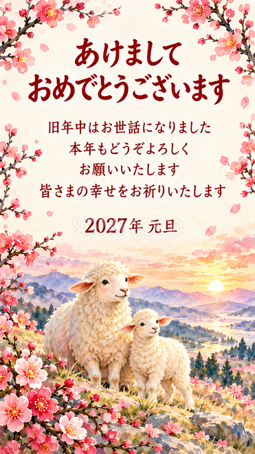 透明水彩・初日の出を迎える羊親子の年賀状