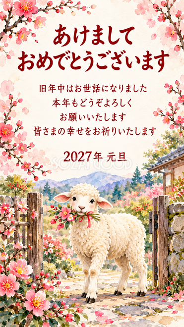 透明水彩・花束を届ける羊の年賀状 透明水彩・花束を届ける羊の年賀状