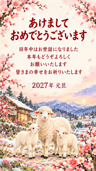 透明水彩・新年を迎える羊家族の年賀状