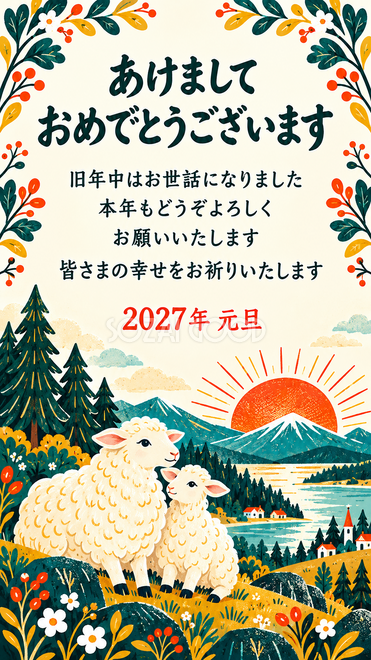 北欧・初日の出を迎える羊親子の年賀状