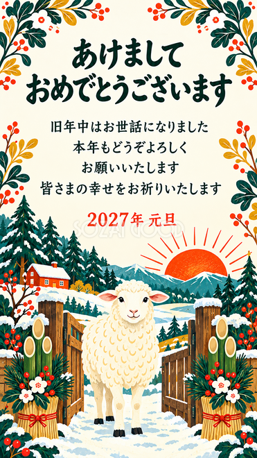 北欧・松飾りの門で迎える羊の年賀状 北欧・松飾りの門で迎える羊の年賀状