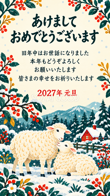 北欧・雪の庭で寄り添う羊の年賀状 北欧・雪の庭で寄り添う羊の年賀状