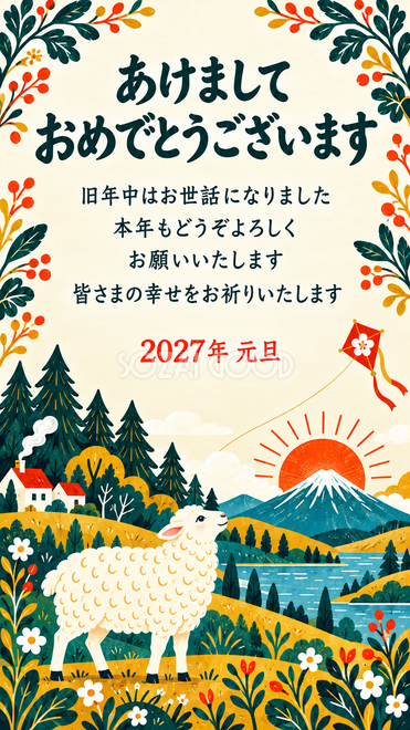 北欧・富士山と凧を見上げる羊の年賀状 北欧・富士山と凧を見上げる羊の年賀状