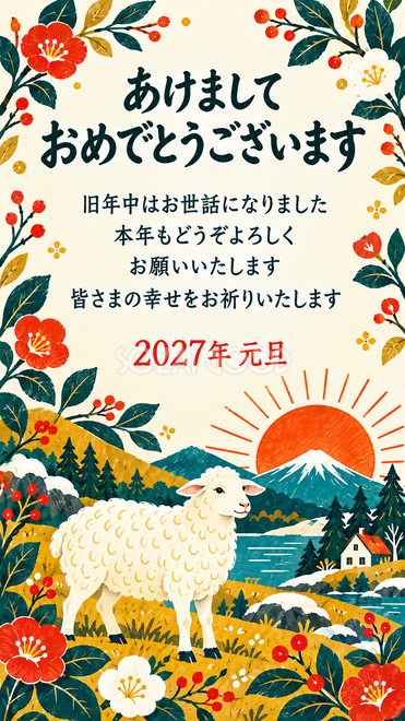 北欧・花の輪でくつろぐ羊の年賀状 北欧・花の輪でくつろぐ羊の年賀状