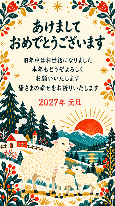 北欧・新年を迎える羊家族の年賀状