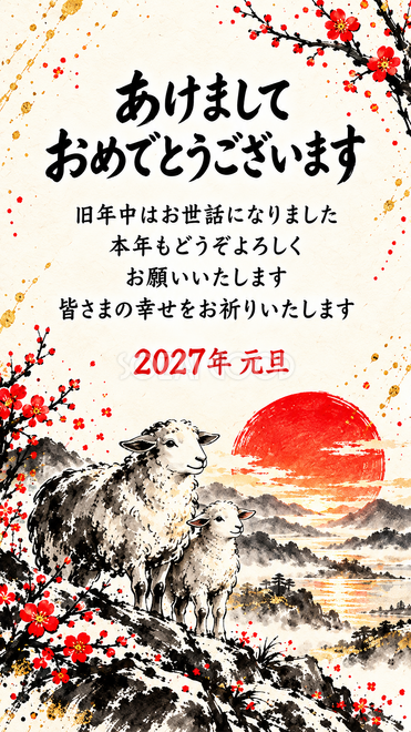 墨と朱・初日の出を迎える羊親子の年賀状 墨と朱・初日の出を迎える羊親子の年賀状