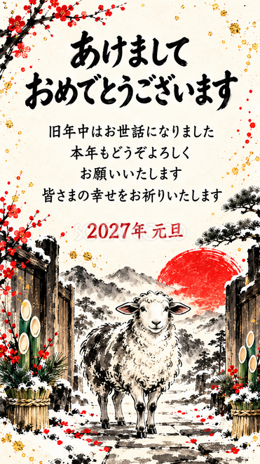 墨と朱・松飾りの門で迎える羊の年賀状 墨と朱・松飾りの門で迎える羊の年賀状