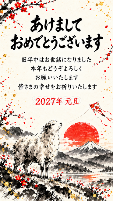 墨と朱・富士山と凧を見上げる羊の年賀状