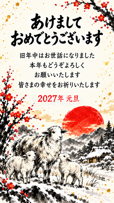 墨と朱・新年を迎える羊家族の年賀状 墨と朱・新年を迎える羊家族の年賀状