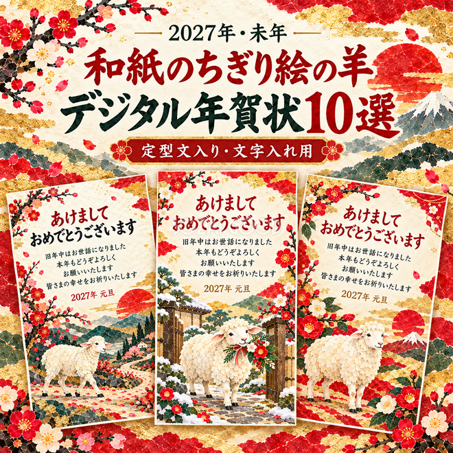 和紙のちぎり絵の羊デジタル年賀状10選 和紙のちぎり絵の羊デジタル年賀状10選
