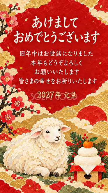 和紙のちぎり絵・鏡餅と新年を祝う羊の年賀状 和紙のちぎり絵・鏡餅と新年を祝う羊の年賀状