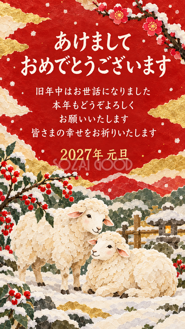 和紙のちぎり絵・雪の庭で寄り添う羊の年賀状