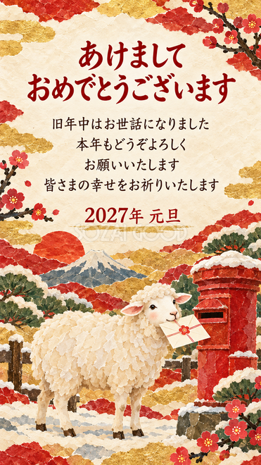 和紙のちぎり絵・手紙を届ける羊の年賀状